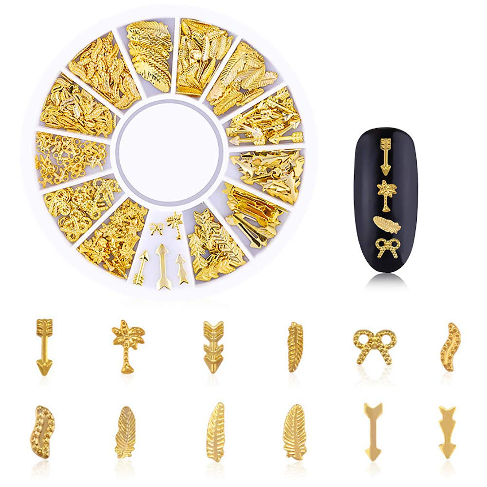 6 Boxes Gold Metal Nail Studs Rose Star Moon Feather Nail Charm Kit 3D Nail Art Jewelry Decoration with 1Pc Tweezers and Picker Pencil