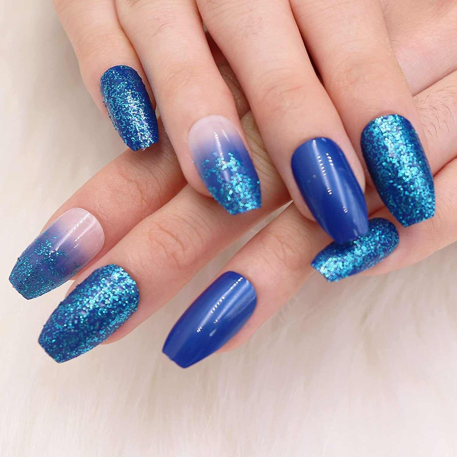 Medium Coffin Press-On Nails, Blue Ombre, Glossy Glue, Sparkly Acrylic, Bling Glitter Artificial, Ballerina False Nails with Design - 24 Pcs