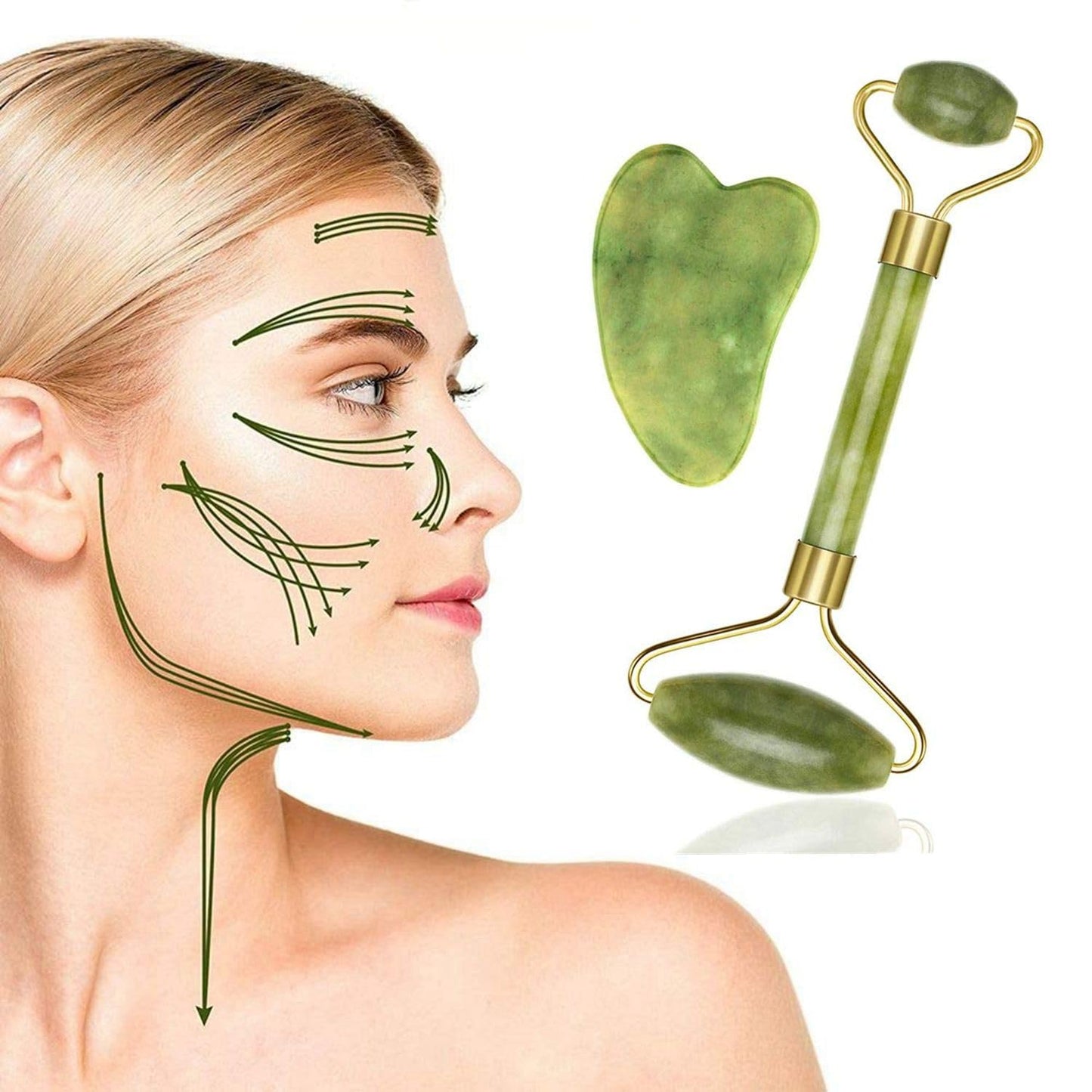 Jade Roller for Face - Gua Sha - Lymphatic Drainage Tool for Face, Eye, Neck, Body - Skin Tightening - Reduces Wrinkles and Fine Lines