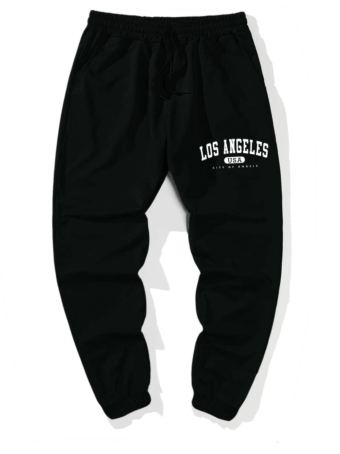 Manfinity Sporsity Men'S Loose Fit Los Angeles Letter Printed Sweatpants with Drawstring Waist, Going Out Long Casual Preppy Sweatpants, for Husband, Boyfriend Gifts