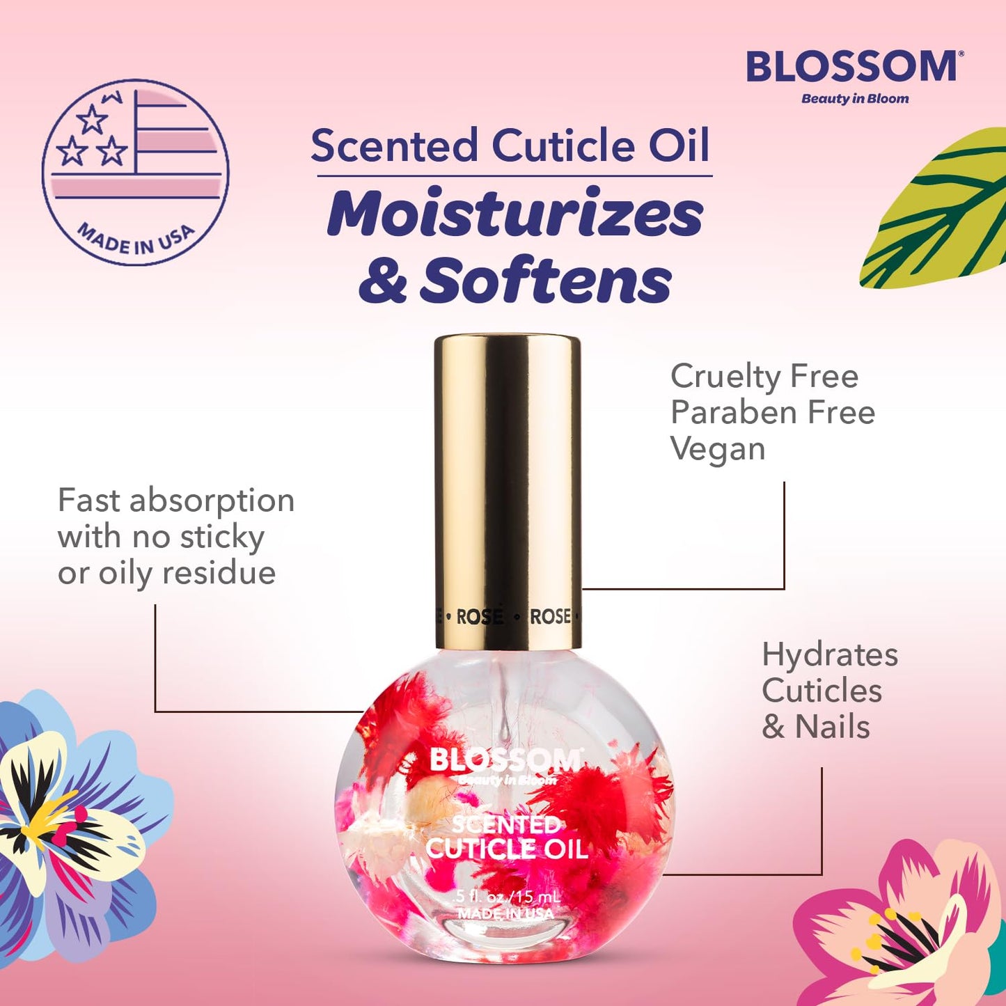 Cuticle Oil for Nails, Hydrating, Moisturizing, Scented Nail Oil Cuticle Care, Infused with Real Flowers, Made in USA, 0.5 Fl. Oz, Rose