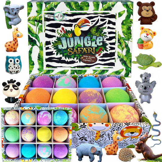 Bath Bombs for Kids with Surprise Inside, 12 Organic Bubble Bath Fizzies with Jungle Animal Toys. Moisturizing, Gentle & Kids Safe, Rainbow Spa Bath Fizz, Birthday Gifts for Boys, Girls