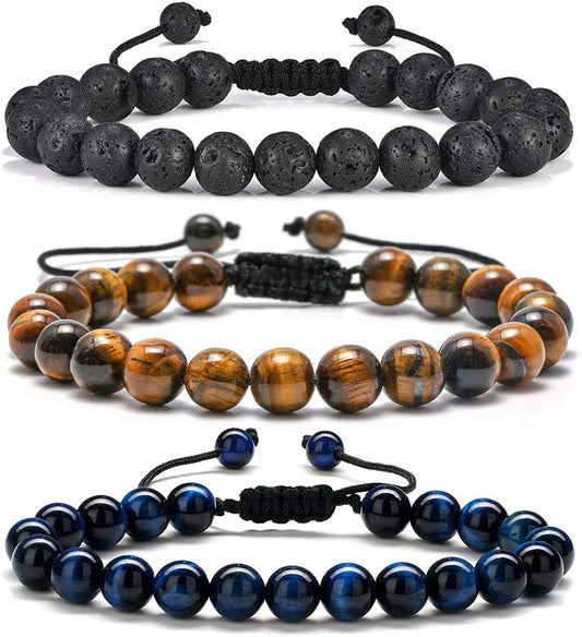 Natural Stone Bracelets for Men - 8Mm Tiger Eye | Matte Agate | Lava Rock Bracelets for Men Teen Boys Gifts Birthday Anniversary Christmas Gifts for Men Teens