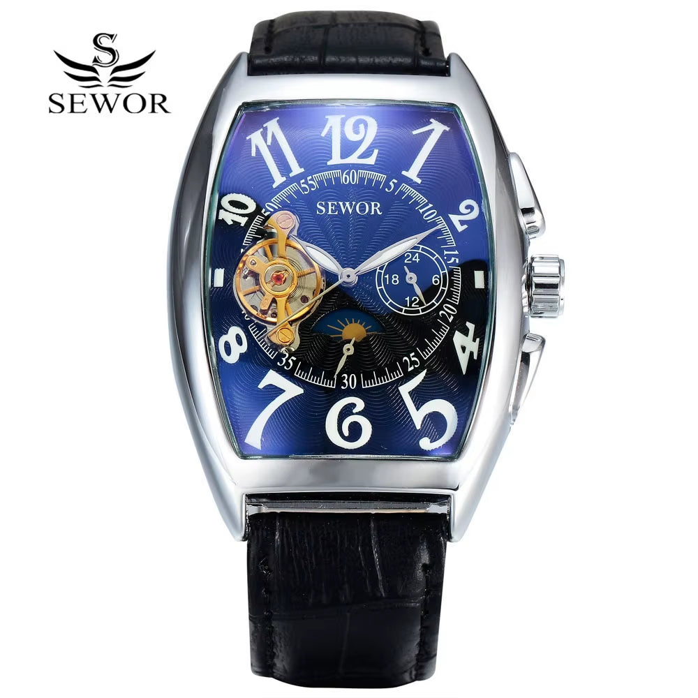 SEWOR Luxury Tourbillon Watches Men Automatic Mechanical Watches Fashion Tonneau Watches Casual Men Watches Moon Phase Reloj