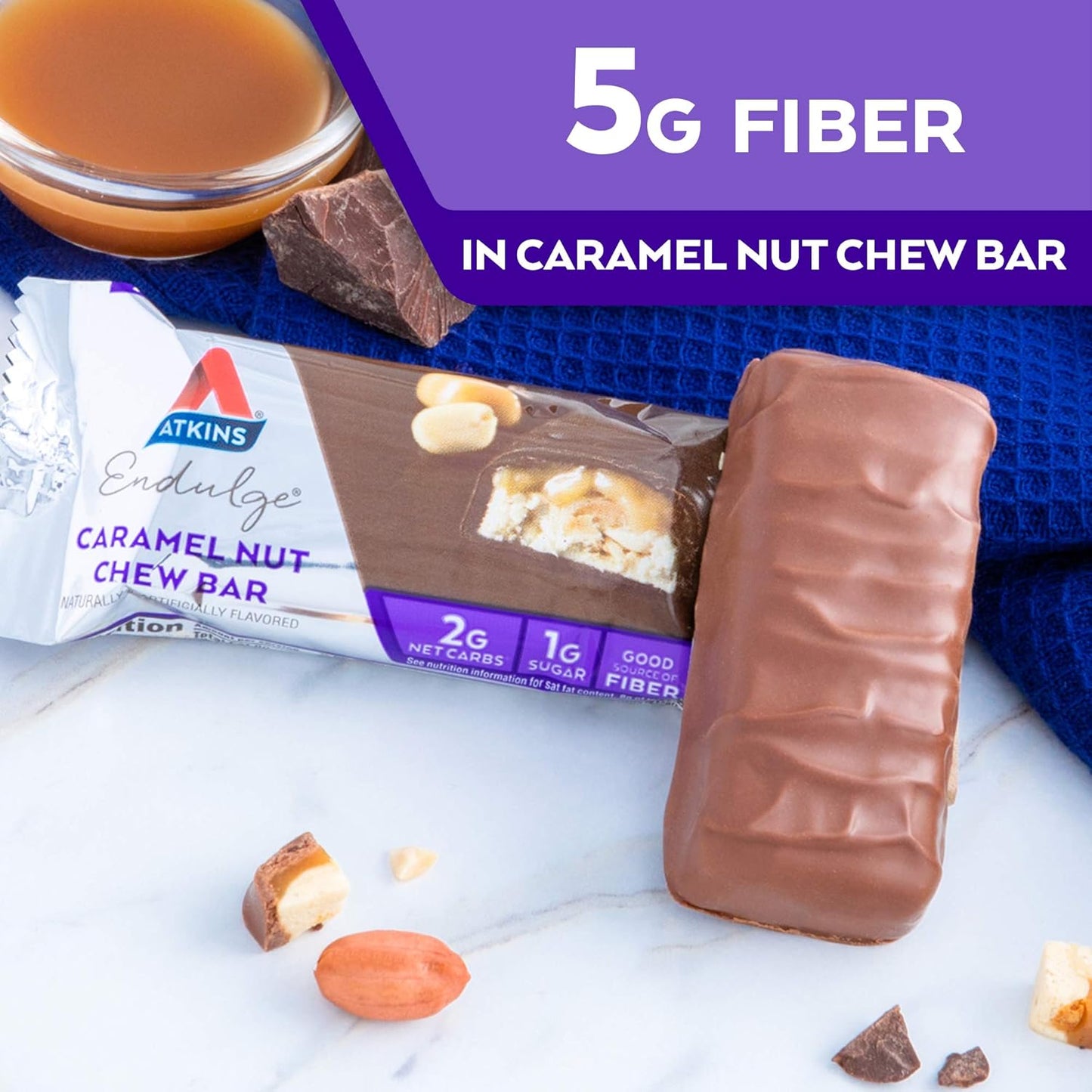 Endulge Caramel Nut Chew Bar, Dessert Favorite, 1G Sugar, Good Source of Fiber, 5 Count