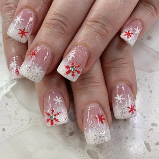 24Pcs Christmas Press on Nails Short Square Fake Nails Red White Snowflake Rhinestones Design Xmas Glue on Nails Glitter French Tip False Nails Winter Acrylic Nails Pink Christmas Artificial Nails Kit