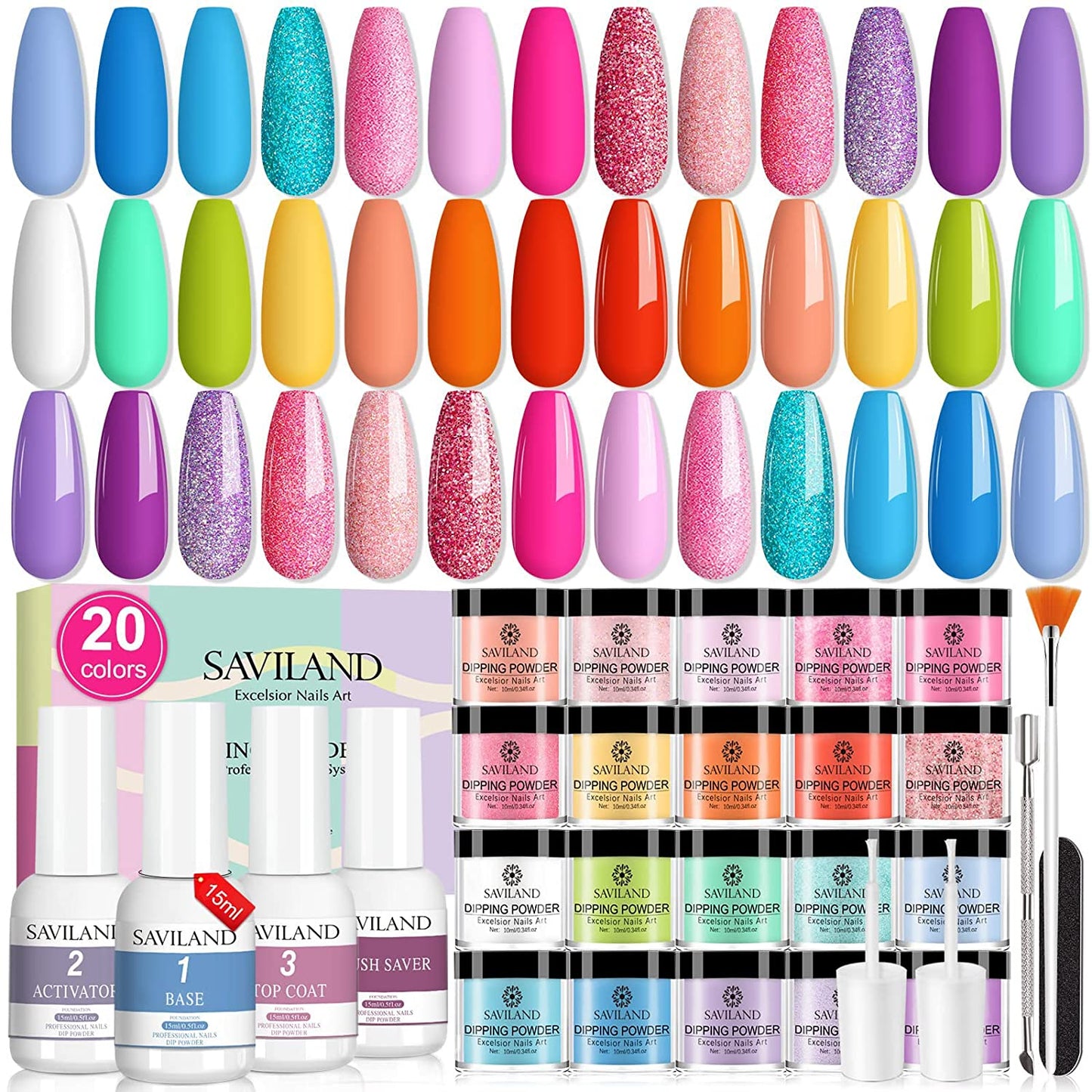 Dip Powder Nail Kit Starter: 29 PCS Rainbow Gel Powder Acrylic Dip Nails Powder Starter Kit Dip Nail Liquid Base Top Coat Activator Brush Saver Nail Beginners Salon Perfect Gift Set