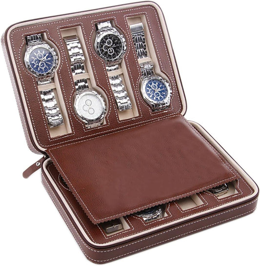 Black Zippered Watches Box Travel Case - Watch Organizer Collection - Top Grade Carbon Fibre PU Leather (Coffee-8 Slots)