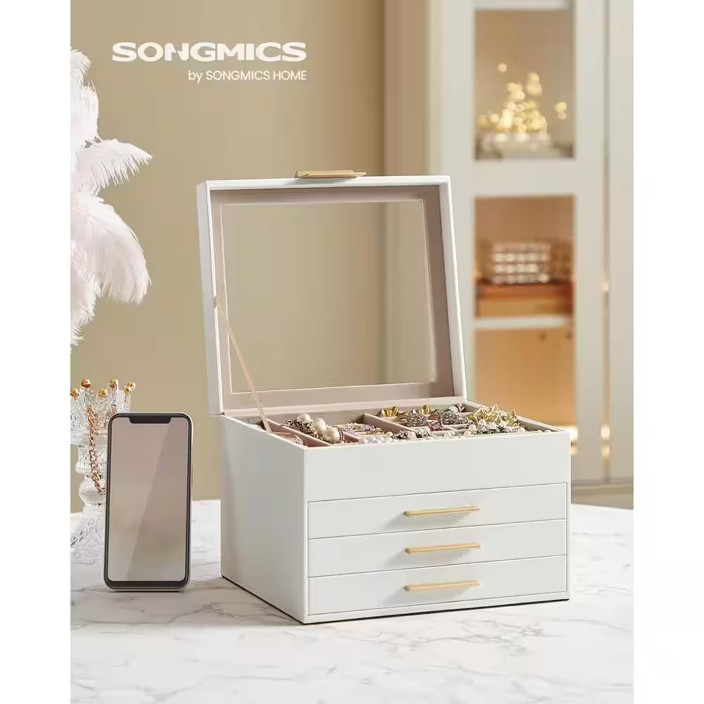 9.1 X 8 X 6.5 In. Cloud White MDF Jewelry Box with Glass Lid, 4-Layer Organizer, 3 Drawer, for Big and Small Jewelry