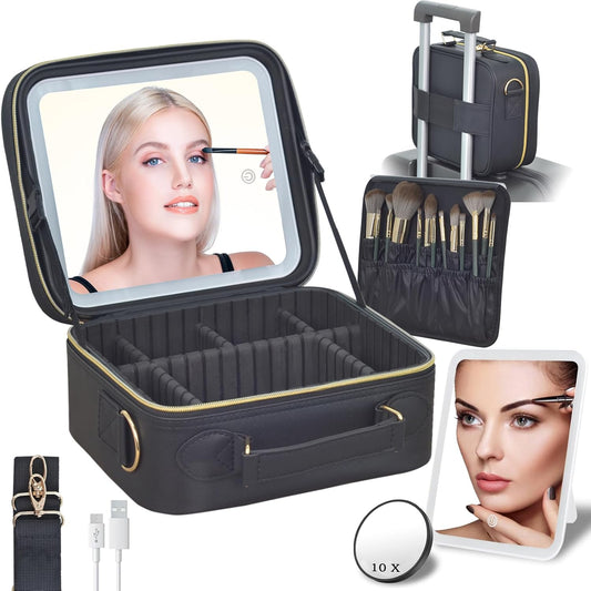 Travel Makeup Bag with LED Mirror - LED Makeup Bag 3 Color Brightness Adjustable,Lighted Makeup Case with Adjustable Dividers,Makeup Brush Holder Storage,Gift for Women (Black)