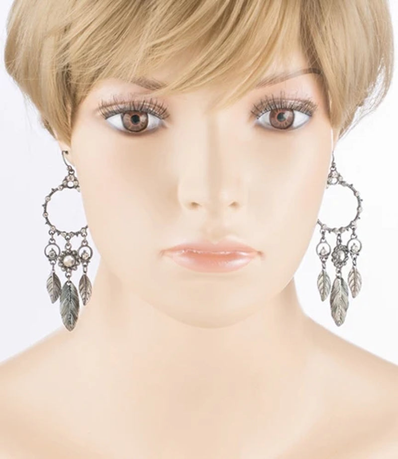 Beautiful Leaf Drop Circle Crystal Rhinestone Fashion Dangle Earrings Hematite