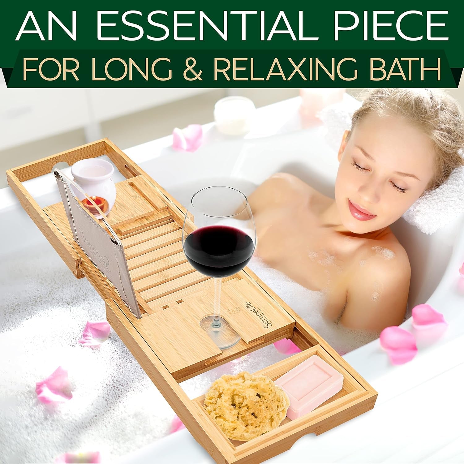 Luxury Bamboo Bathtub Caddy Tray - Adjustable Natural Wood Bath Tub Organizer with Wine Holder, Cup Placement, Soap Dish, Book Space & Phone Slot for Spa, Bathroom & Shower - SLBCAD20