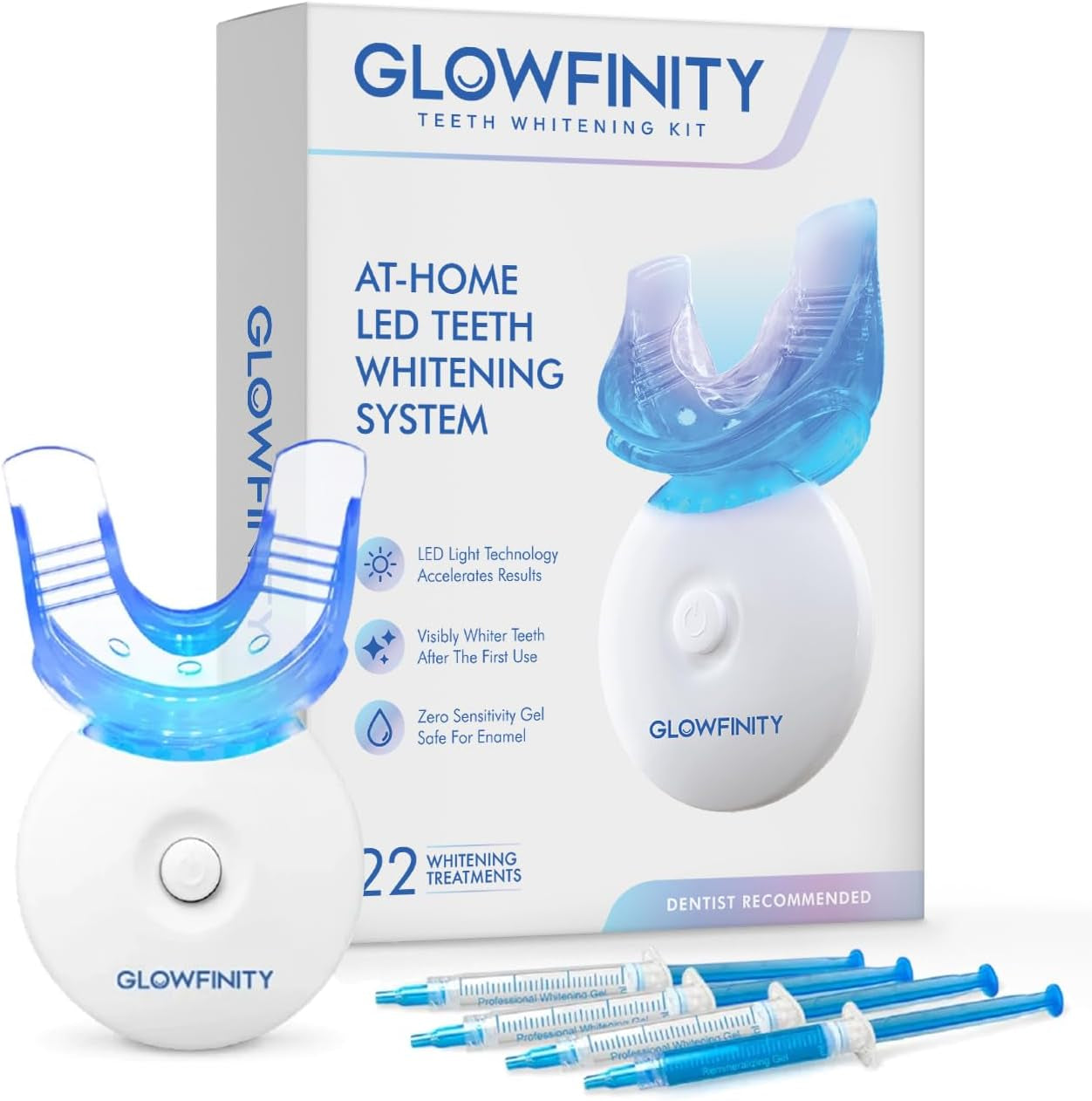 Teeth Whitening Kit - LED Light, 35% Carbamide Peroxide, (3) 3Ml Gel Syringes, (1) Remineralization Gel, and Tray