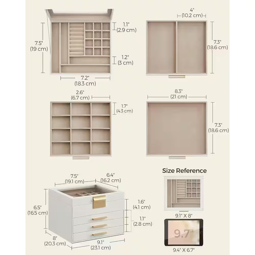 9.1 X 8 X 6.5 In. Cloud White MDF Jewelry Box with Glass Lid, 4-Layer Organizer, 3 Drawer, for Big and Small Jewelry