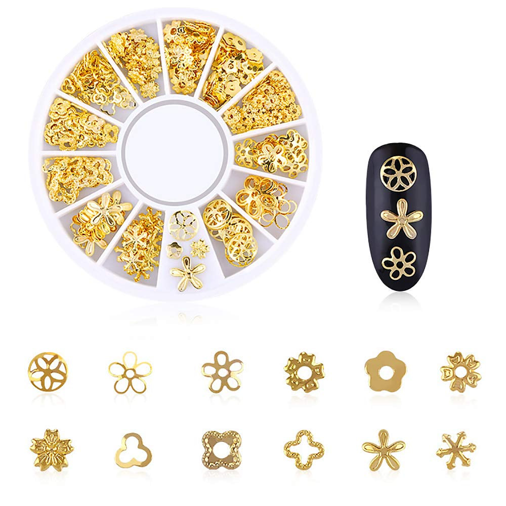 6 Boxes Gold Metal Nail Studs Rose Star Moon Feather Nail Charm Kit 3D Nail Art Jewelry Decoration with 1Pc Tweezers and Picker Pencil