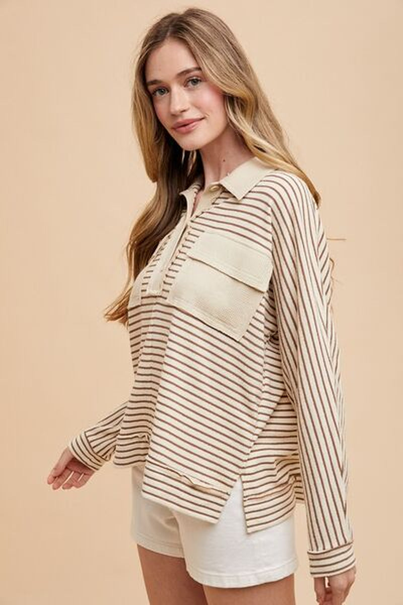 Annie Wear Striped Button Detail Long Sleeve Polo Top