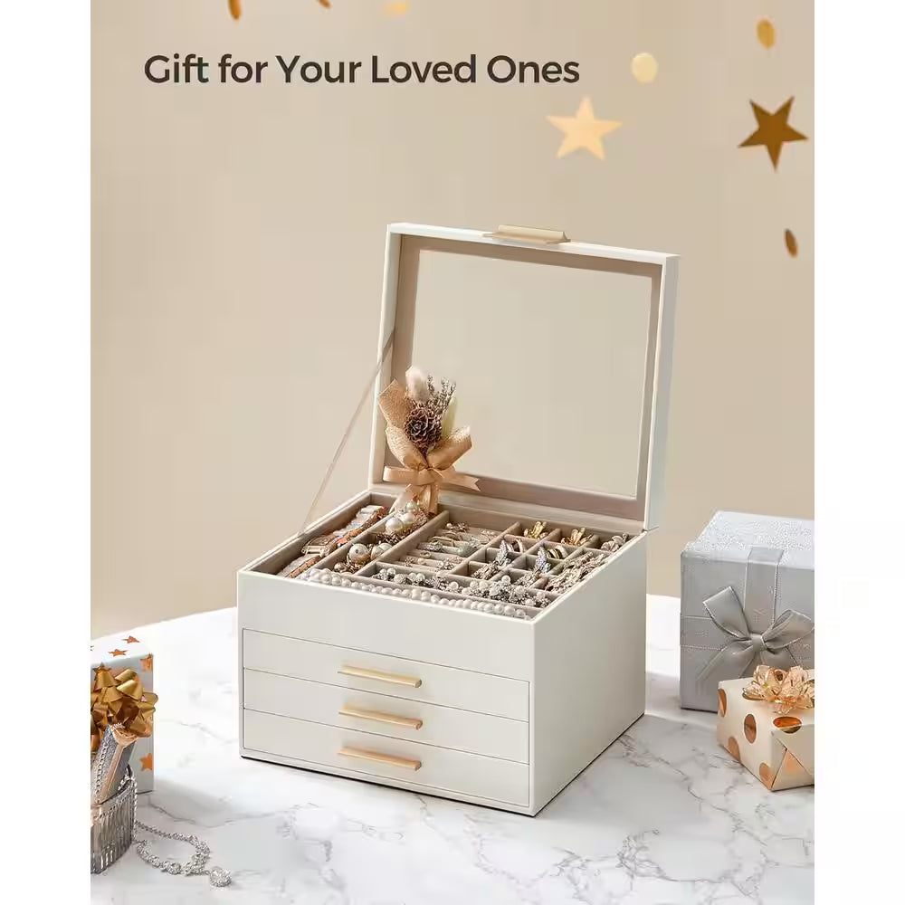 9.1 X 8 X 6.5 In. Cloud White MDF Jewelry Box with Glass Lid, 4-Layer Organizer, 3 Drawer, for Big and Small Jewelry