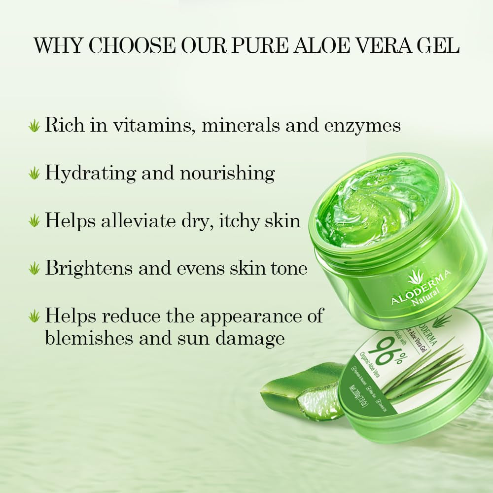 Organic Aloe Vera Gel for Face & Body, 96% Pure Aloe Gel Made within 12 Hours of Harvest, Ideal for Skin, Scalp, & Hair Hydration, Calming Moisturizer for Soothing after Sun Care Relief, 7Oz