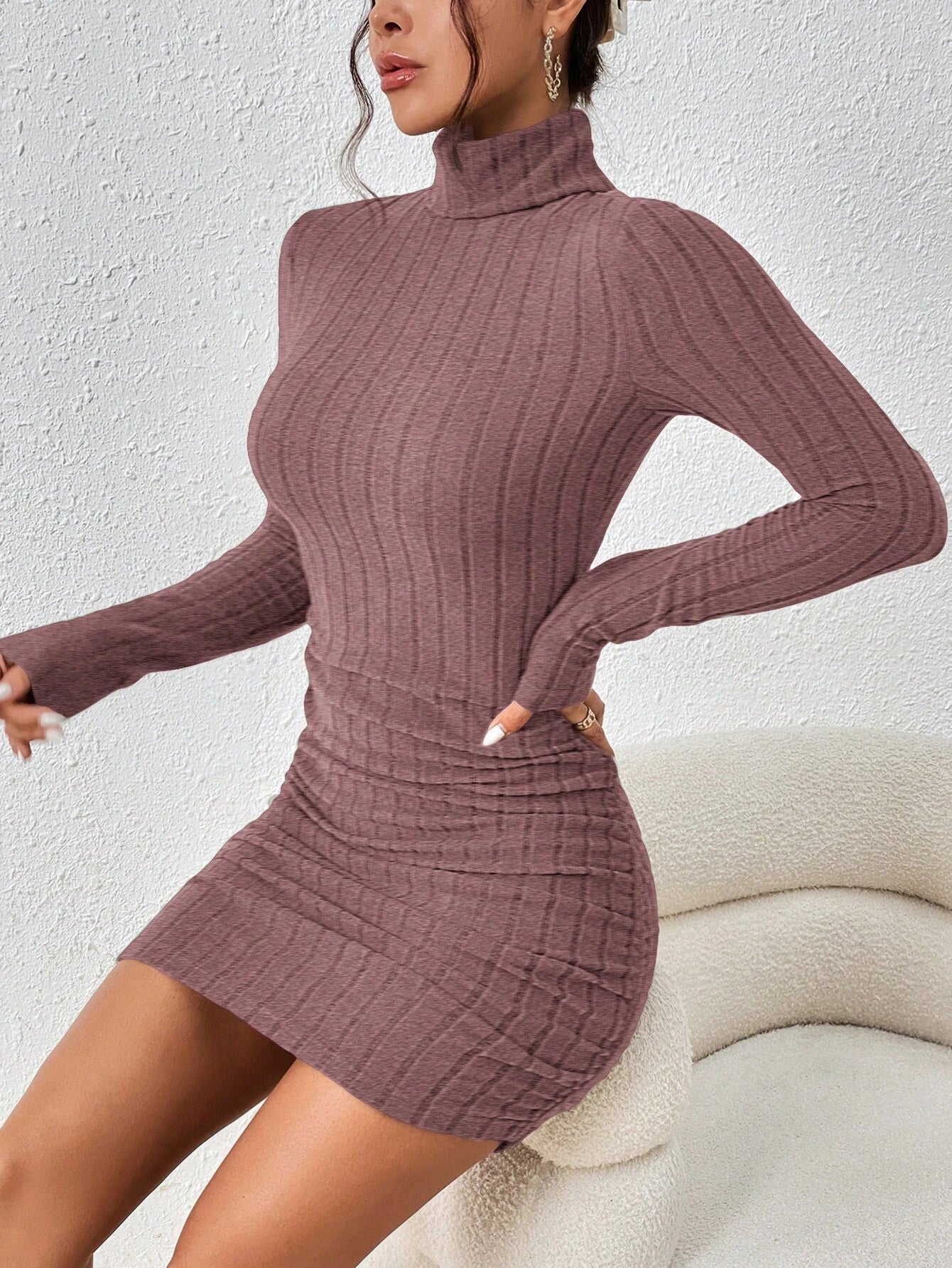 Frenchy Turtleneck Ruched Detail Bodycon Dress