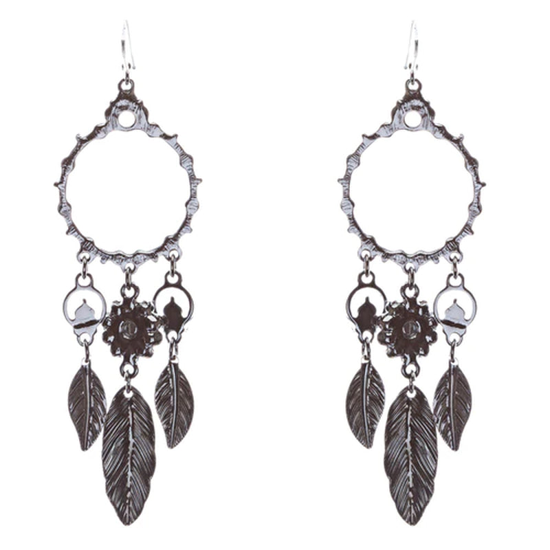 Beautiful Leaf Drop Circle Crystal Rhinestone Fashion Dangle Earrings Hematite