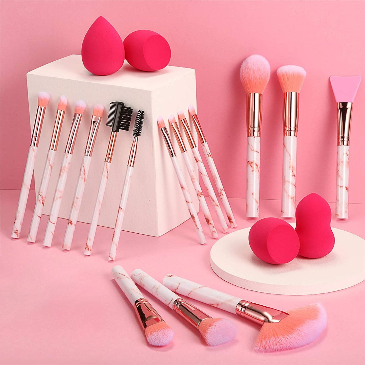 Professional Makeup Brushes Set 16PCS Marble Handle with 4Pcs Sponge Blenders Foundation Brushes Eyeshadow Brush Lip Brush Silicone Face Mask Brush Make up Tool