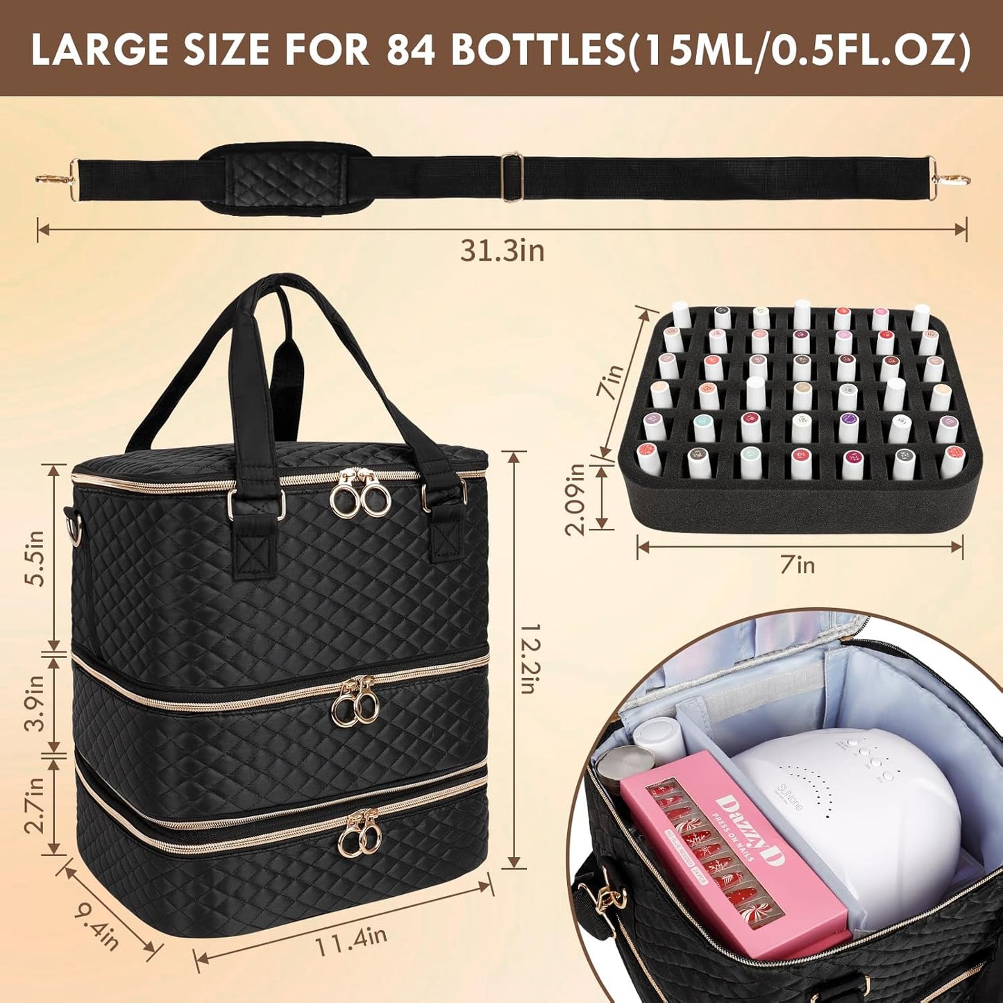 Nail Polish Organizer Bag, Three Layers Nail Polish Storage Organizer Holds 84 Bottles, Nail Kit Organizer Case for Nail Lamp, Nail Case Organizer and Travel Carrying Storage Bag for Nail Supplies