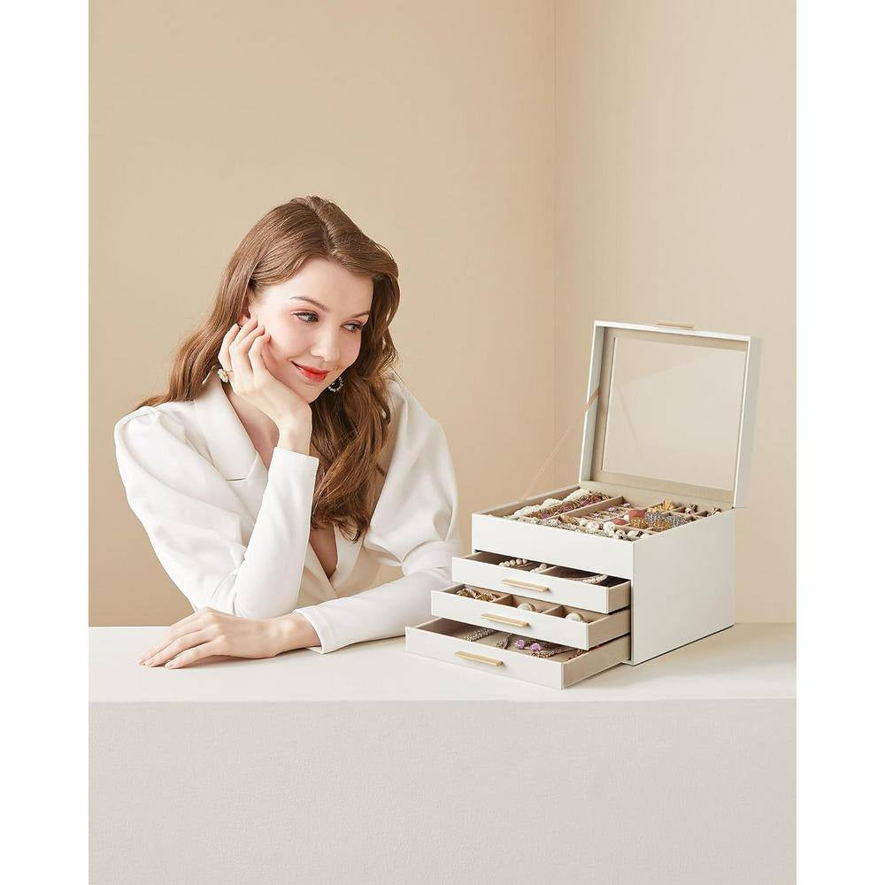 9.1 X 8 X 6.5 In. Cloud White MDF Jewelry Box with Glass Lid, 4-Layer Organizer, 3 Drawer, for Big and Small Jewelry