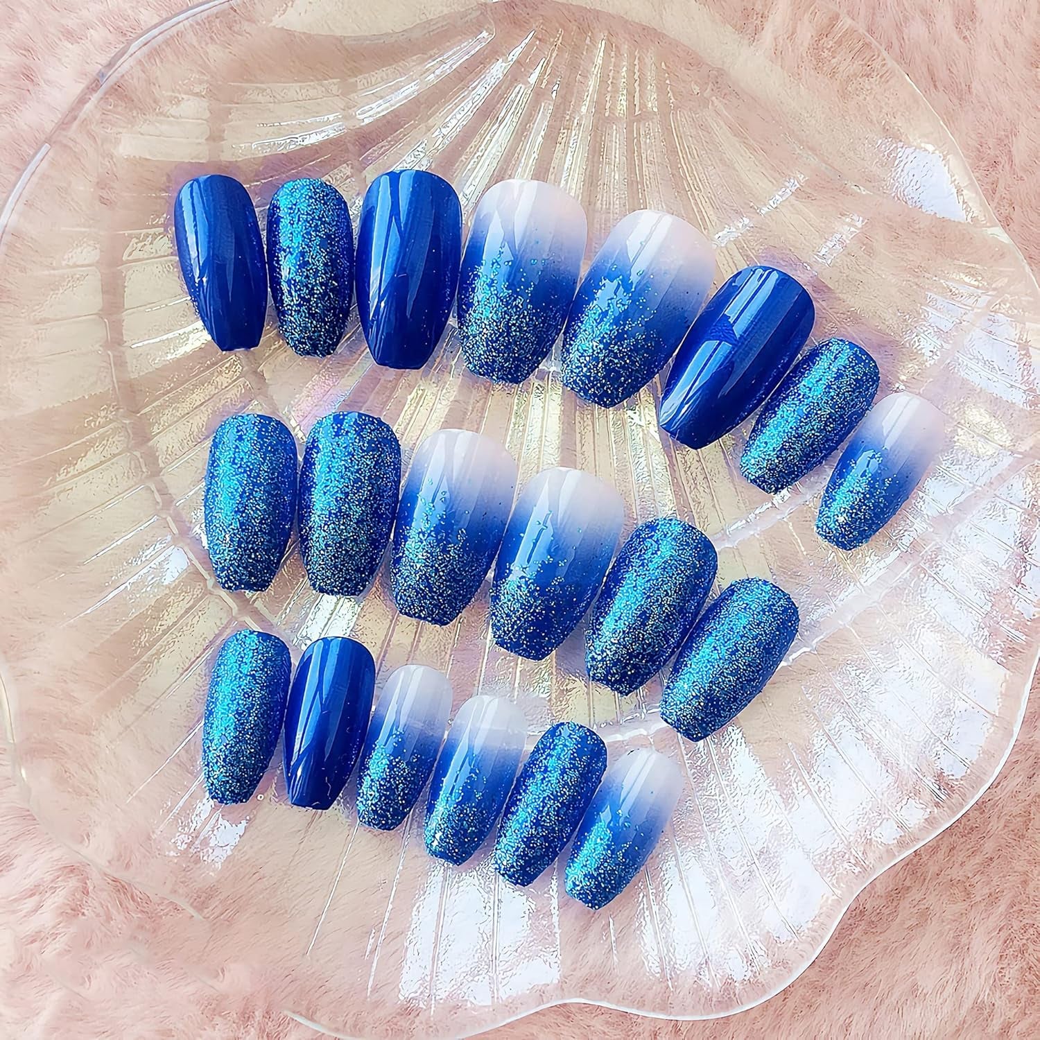 Medium Coffin Press-On Nails, Blue Ombre, Glossy Glue, Sparkly Acrylic, Bling Glitter Artificial, Ballerina False Nails with Design - 24 Pcs