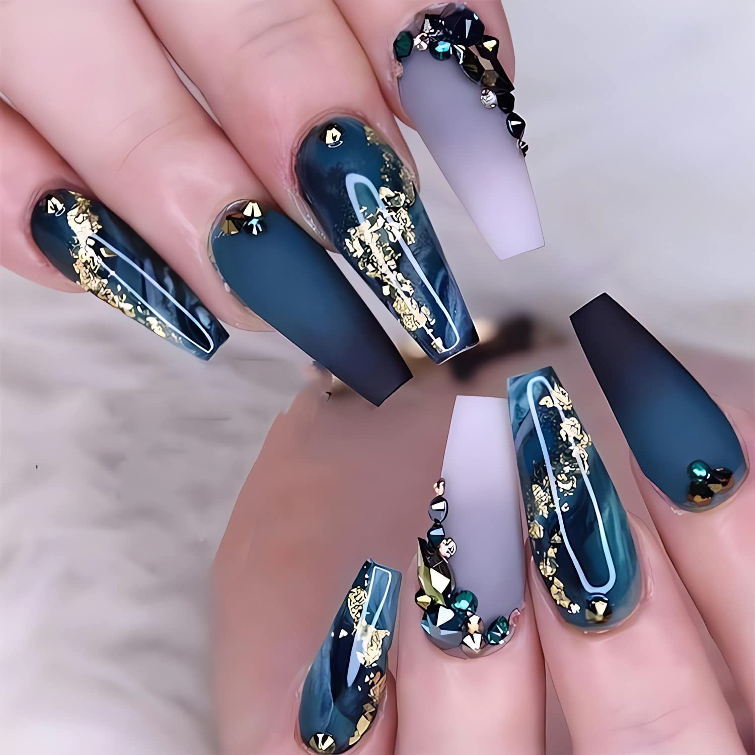 Long Press Coffin Fake Nails French Marble with Glitter Rhinestones Glue on Matte Stick Artificial for Women 24Pcs