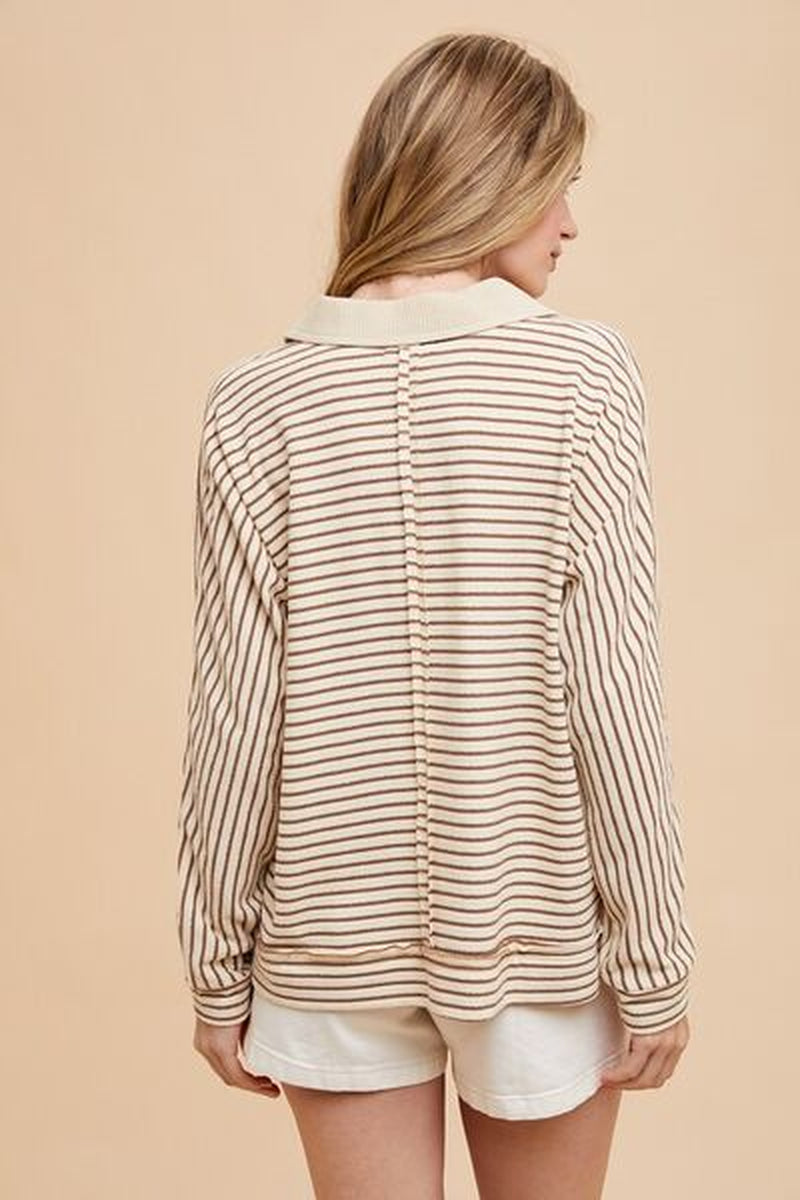 Annie Wear Striped Button Detail Long Sleeve Polo Top