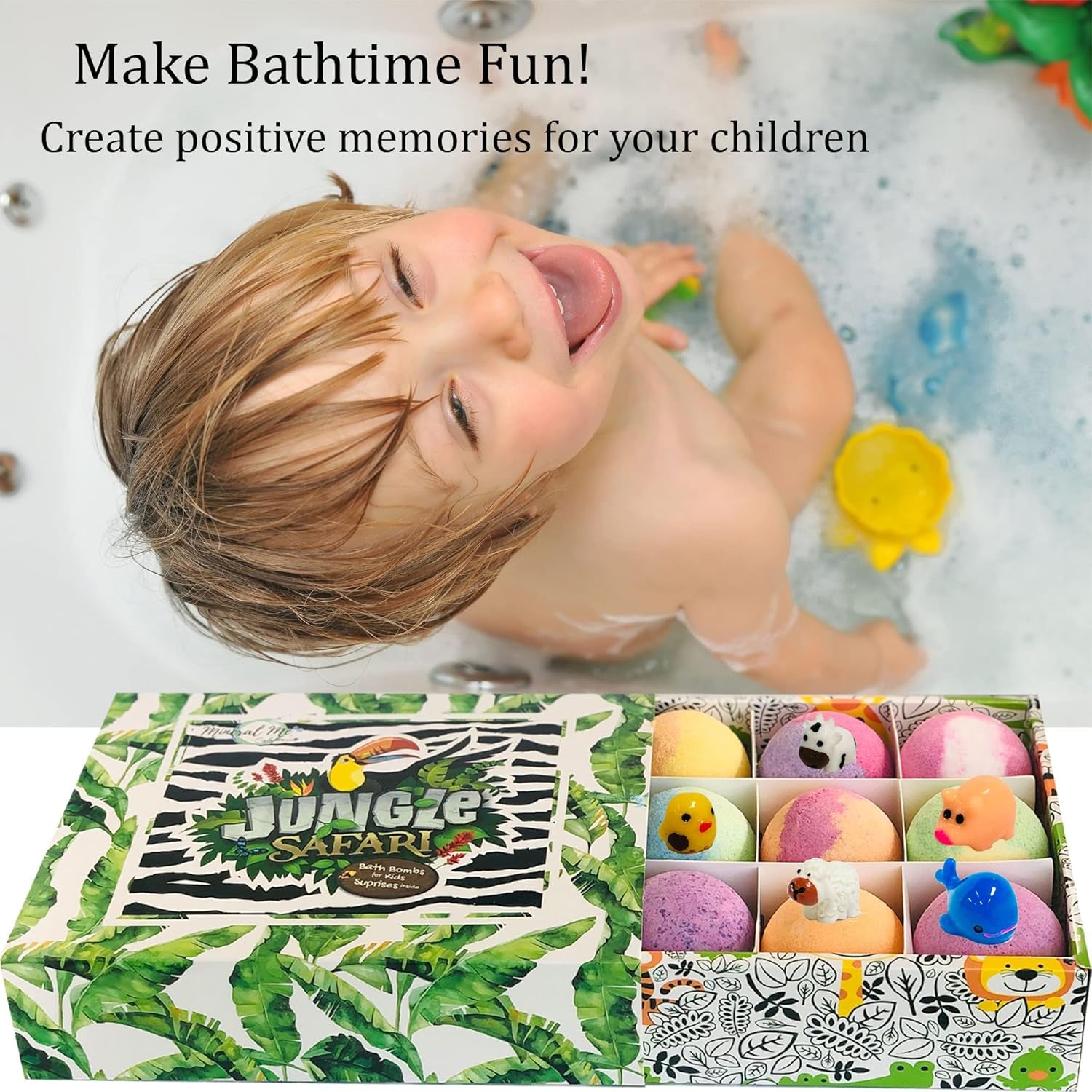 Bath Bombs for Kids with Surprise Inside, 12 Organic Bubble Bath Fizzies with Jungle Animal Toys. Moisturizing, Gentle & Kids Safe, Rainbow Spa Bath Fizz, Birthday Gifts for Boys, Girls