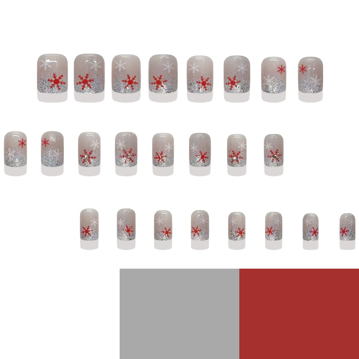 24Pcs Christmas Press on Nails Short Square Fake Nails Red White Snowflake Rhinestones Design Xmas Glue on Nails Glitter French Tip False Nails Winter Acrylic Nails Pink Christmas Artificial Nails Kit