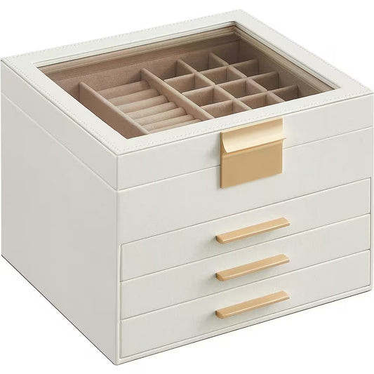 9.1 X 8 X 6.5 In. Cloud White MDF Jewelry Box with Glass Lid, 4-Layer Organizer, 3 Drawer, for Big and Small Jewelry