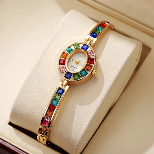 1PC Women'S Retro Style Quartz Watch Elegant Ladies' Style Colorful Diamond Set Dial Compact Watch Women'S Watch Holiday Gift