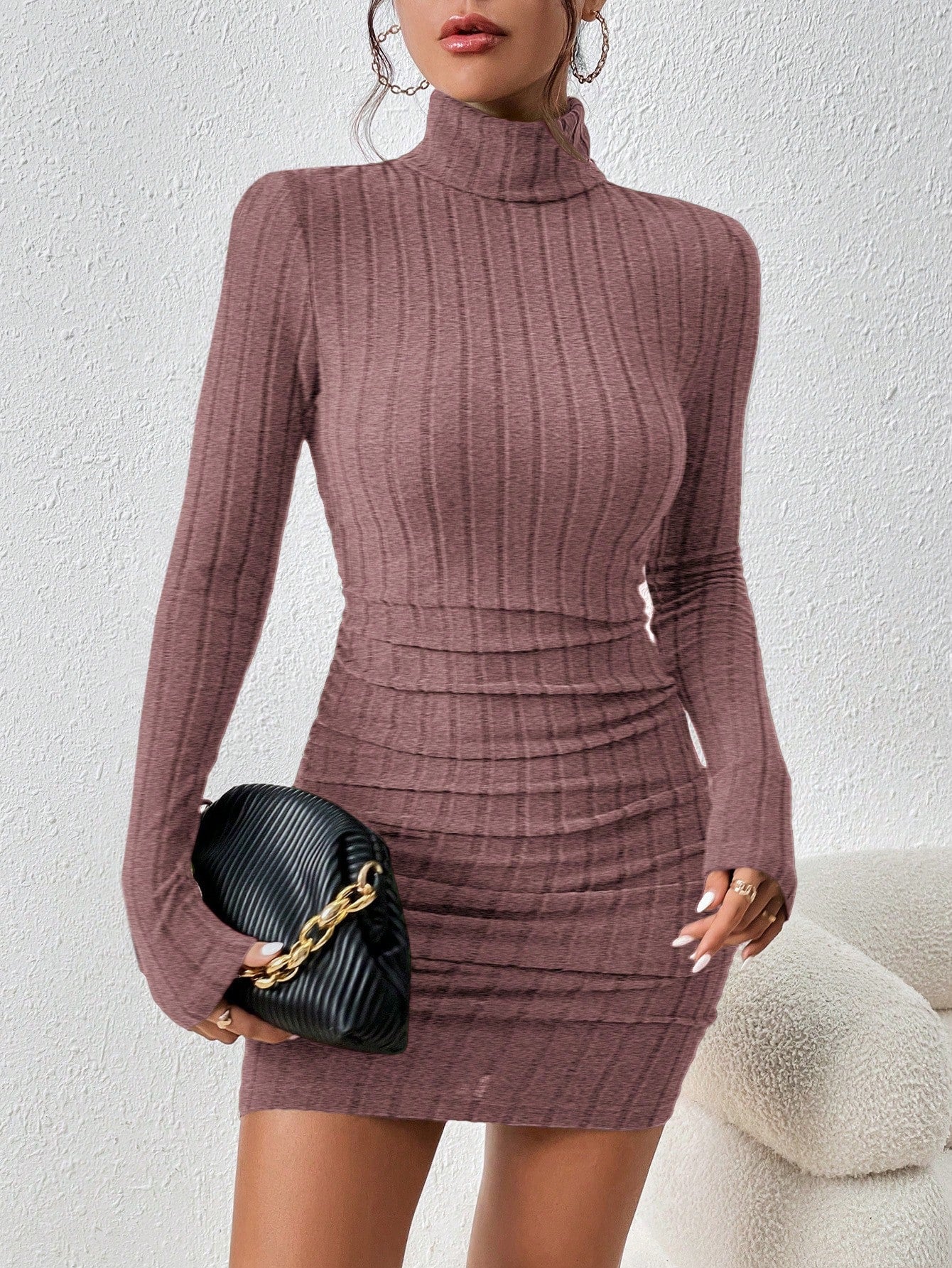 Frenchy Turtleneck Ruched Detail Bodycon Dress