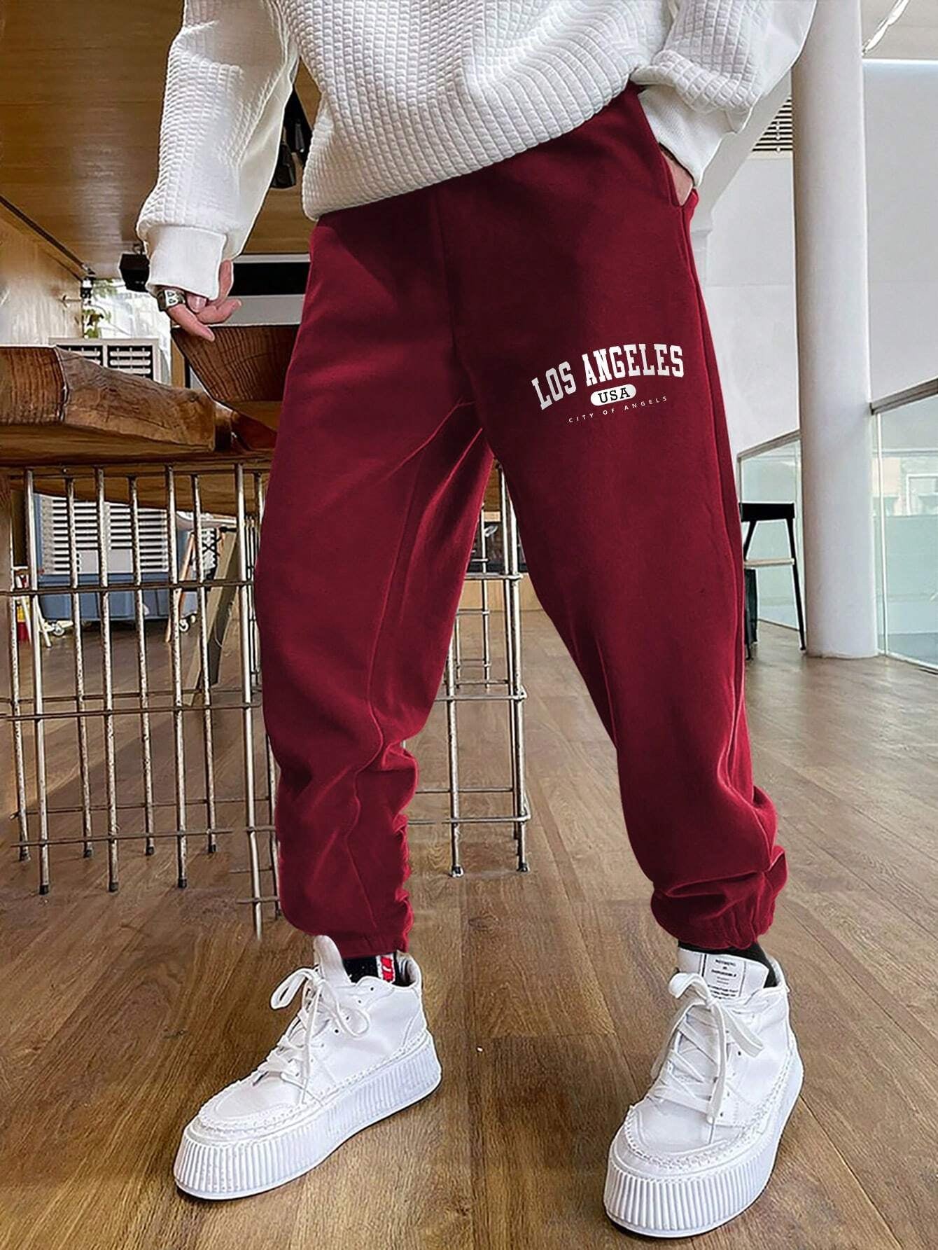 Manfinity Sporsity Men'S Loose Fit Los Angeles Letter Printed Sweatpants with Drawstring Waist, Going Out Long Casual Preppy Sweatpants, for Husband, Boyfriend Gifts