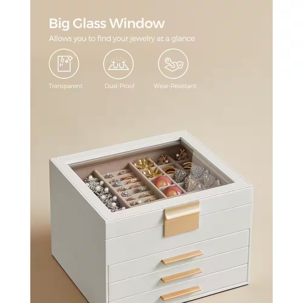 9.1 X 8 X 6.5 In. Cloud White MDF Jewelry Box with Glass Lid, 4-Layer Organizer, 3 Drawer, for Big and Small Jewelry