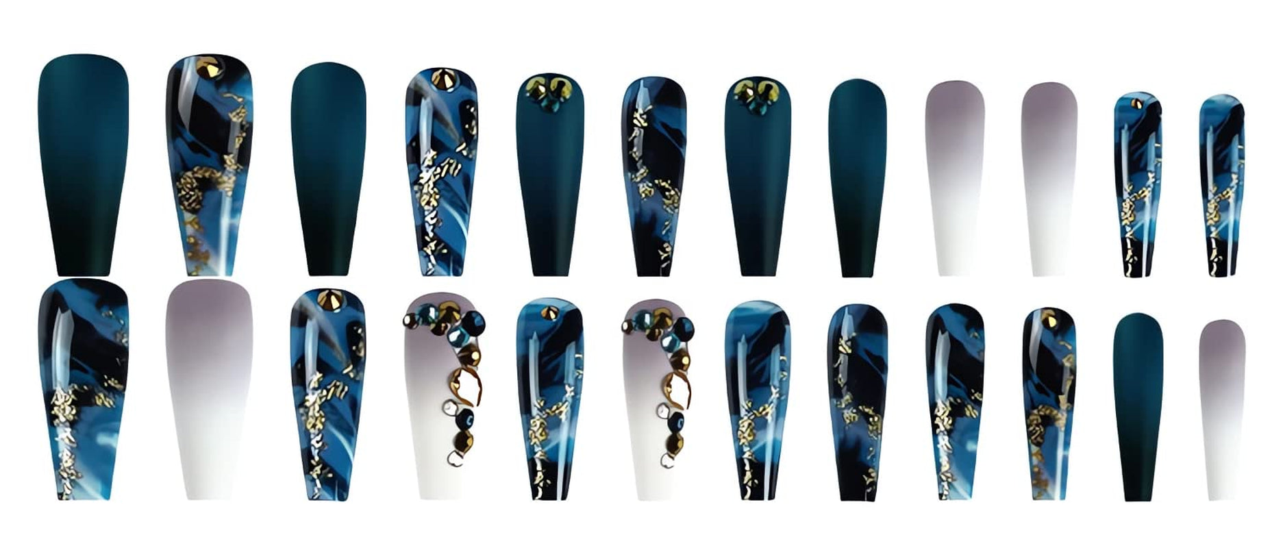 Long Press Coffin Fake Nails French Marble with Glitter Rhinestones Glue on Matte Stick Artificial for Women 24Pcs