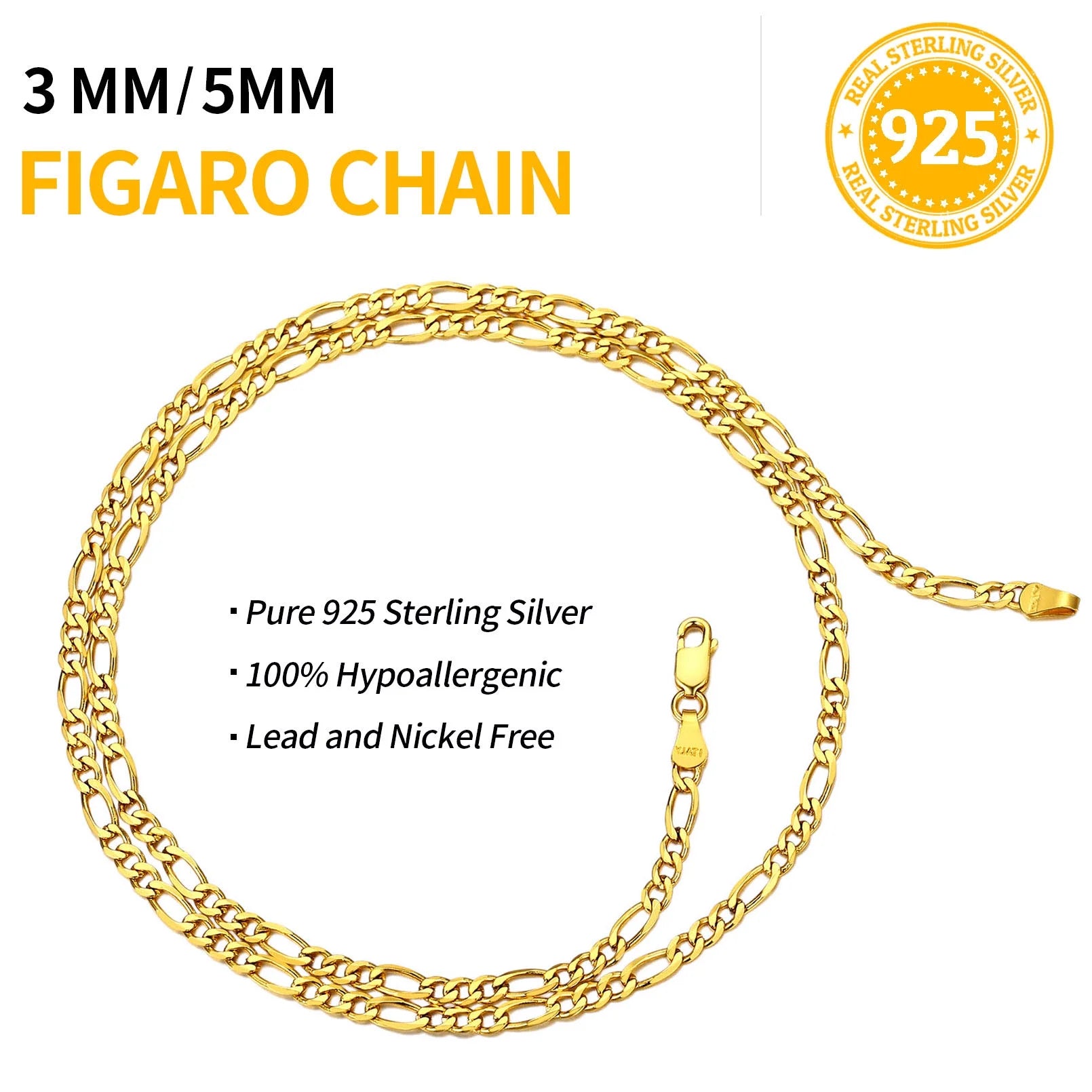 5Mm Figaro Chain 14K Gold in 925 Sterling Silver Chain Necklace for Women Men, Super Thin & Strong Necklace Chain