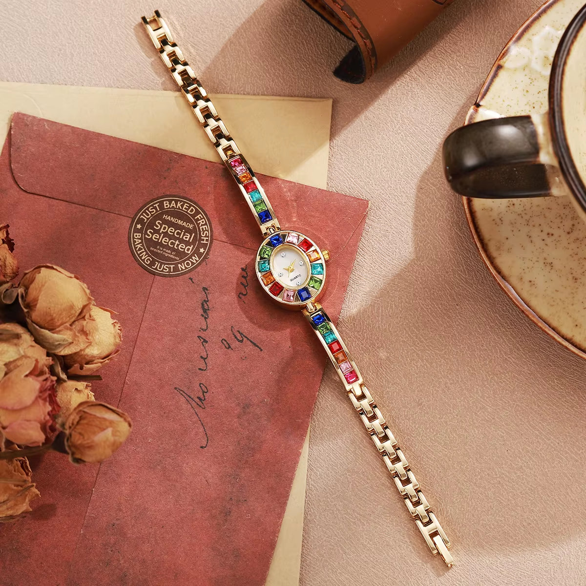 1PC Women'S Retro Style Quartz Watch Elegant Ladies' Style Colorful Diamond Set Dial Compact Watch Women'S Watch Holiday Gift