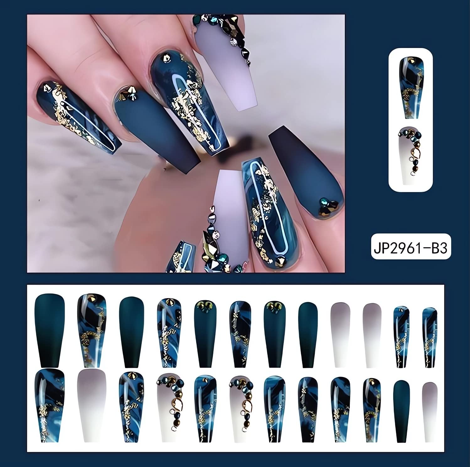 Long Press Coffin Fake Nails French Marble with Glitter Rhinestones Glue on Matte Stick Artificial for Women 24Pcs