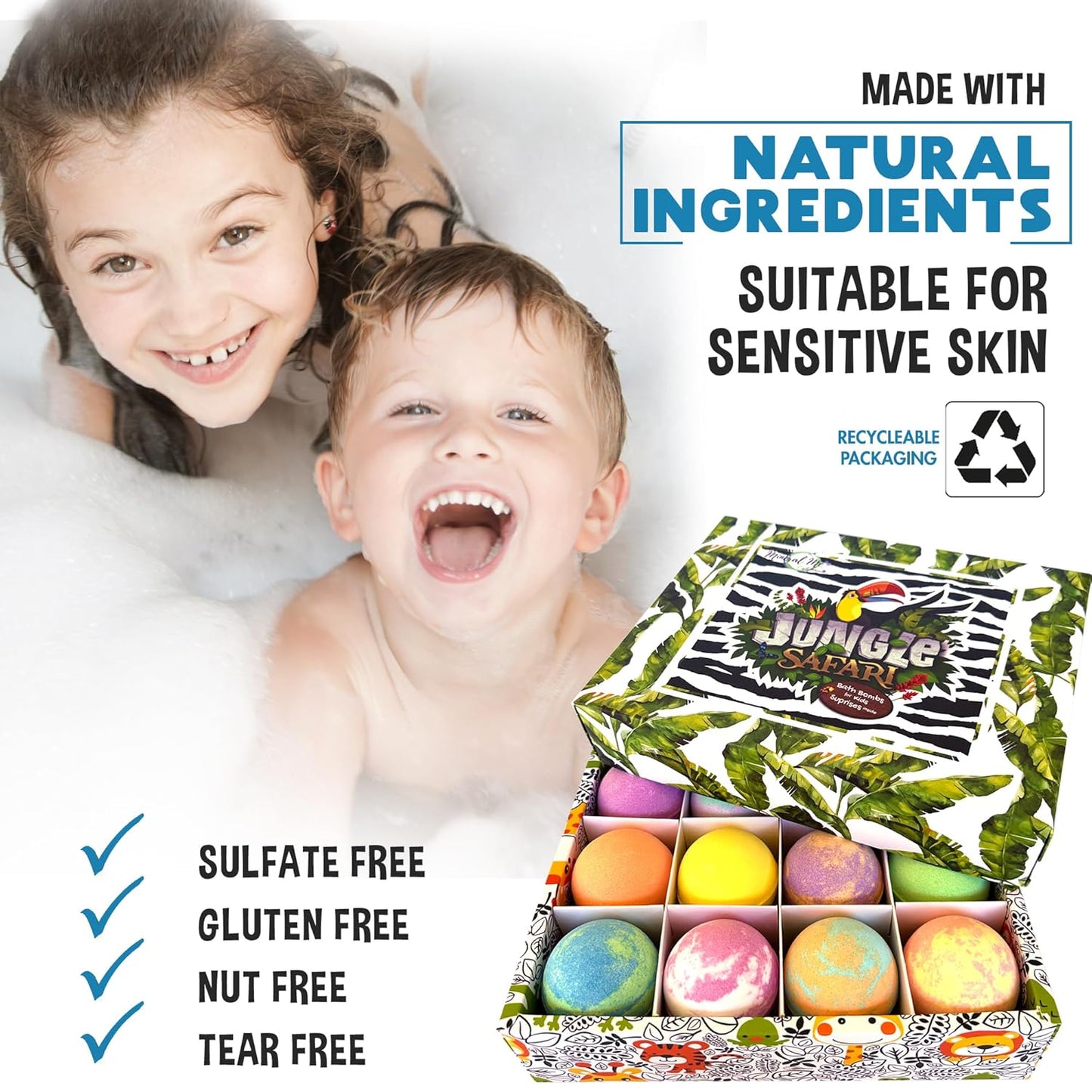 Bath Bombs for Kids with Surprise Inside, 12 Organic Bubble Bath Fizzies with Jungle Animal Toys. Moisturizing, Gentle & Kids Safe, Rainbow Spa Bath Fizz, Birthday Gifts for Boys, Girls