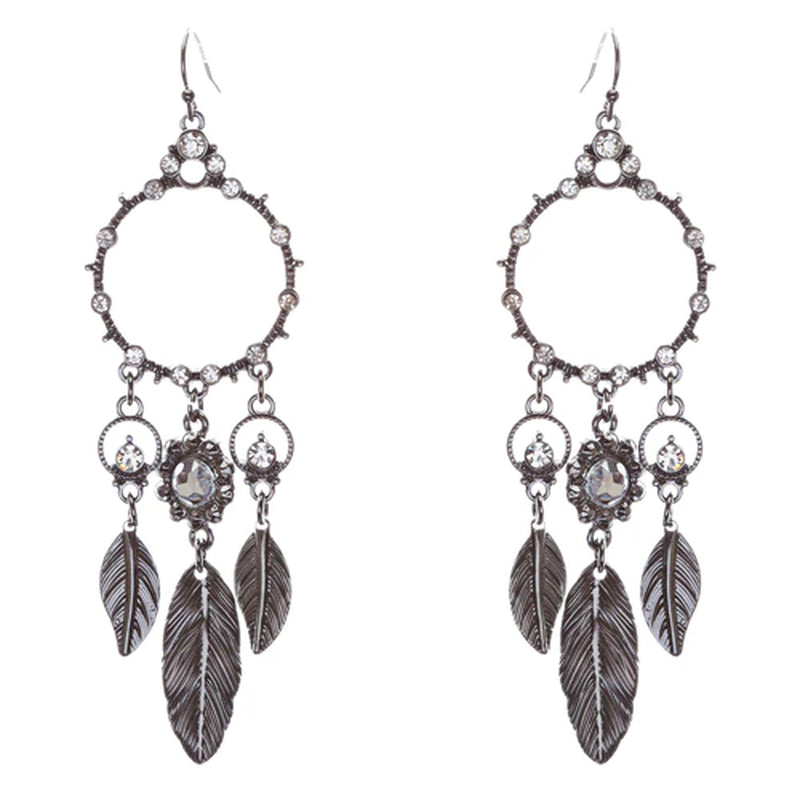 Beautiful Leaf Drop Circle Crystal Rhinestone Fashion Dangle Earrings Hematite