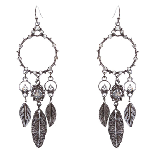 Beautiful Leaf Drop Circle Crystal Rhinestone Fashion Dangle Earrings Hematite