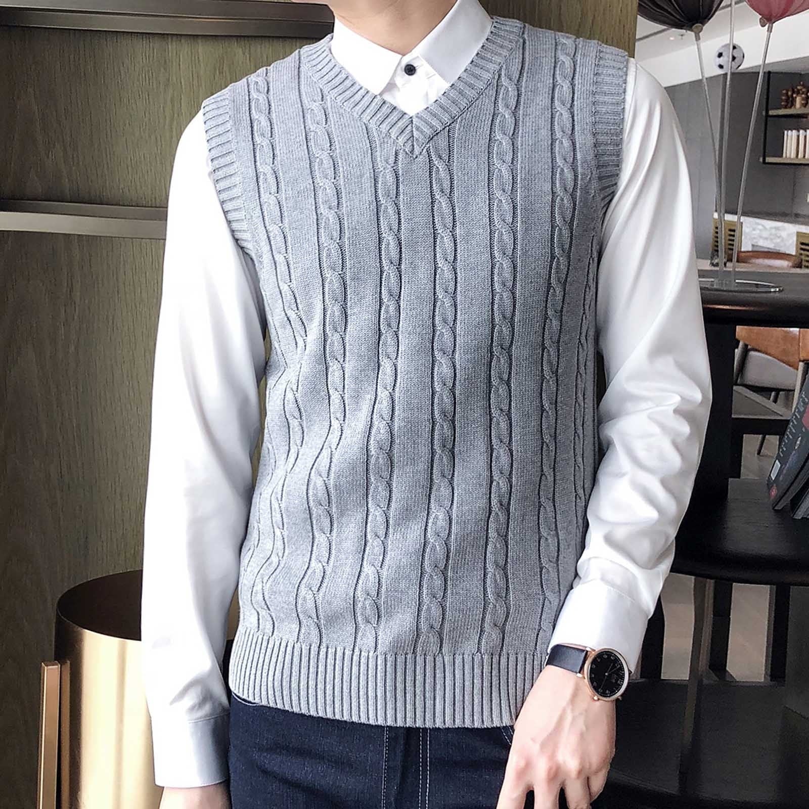 Men'S Cable Knit V Neck Relax Fit Sleeveless Knitwear Pullover Sweater Vest