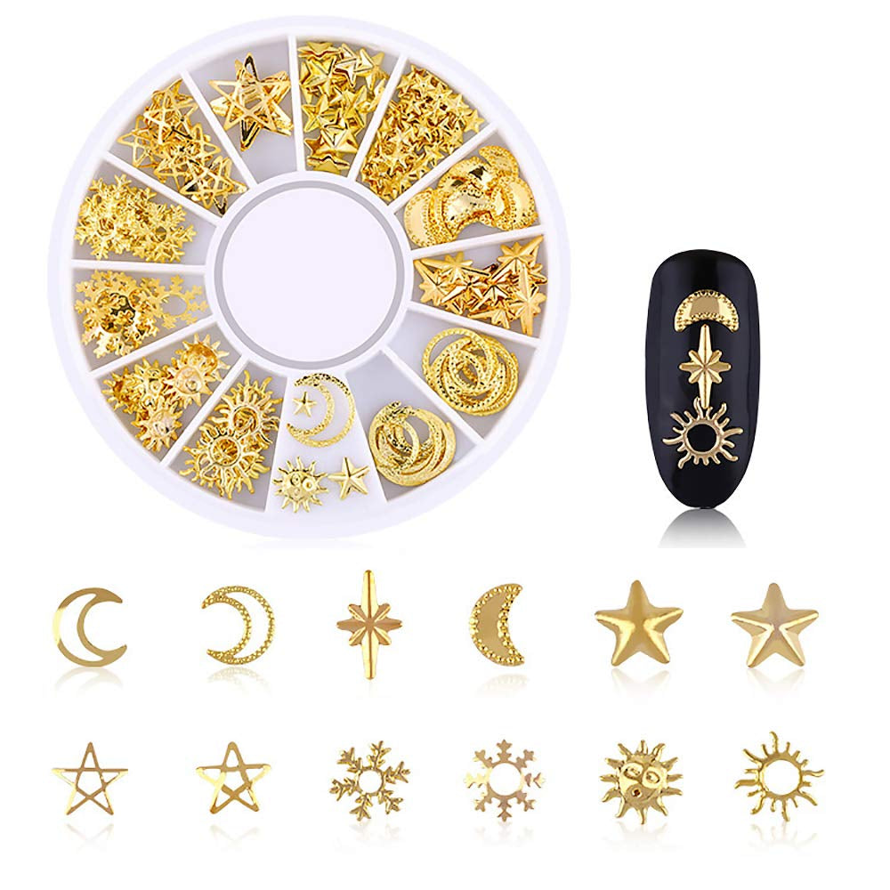 6 Boxes Gold Metal Nail Studs Rose Star Moon Feather Nail Charm Kit 3D Nail Art Jewelry Decoration with 1Pc Tweezers and Picker Pencil