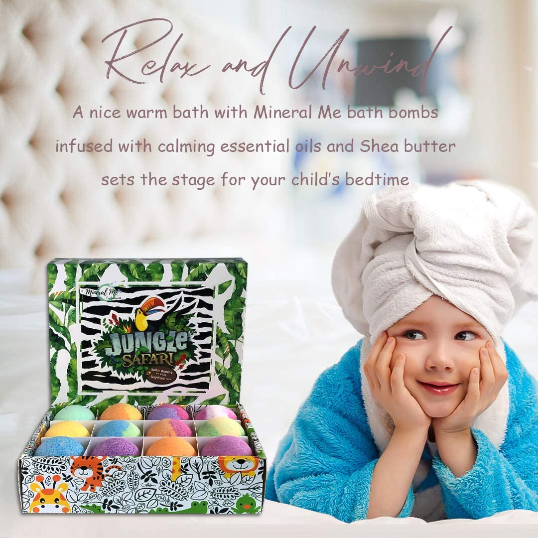 Bath Bombs for Kids with Surprise Inside, 12 Organic Bubble Bath Fizzies with Jungle Animal Toys. Moisturizing, Gentle & Kids Safe, Rainbow Spa Bath Fizz, Birthday Gifts for Boys, Girls