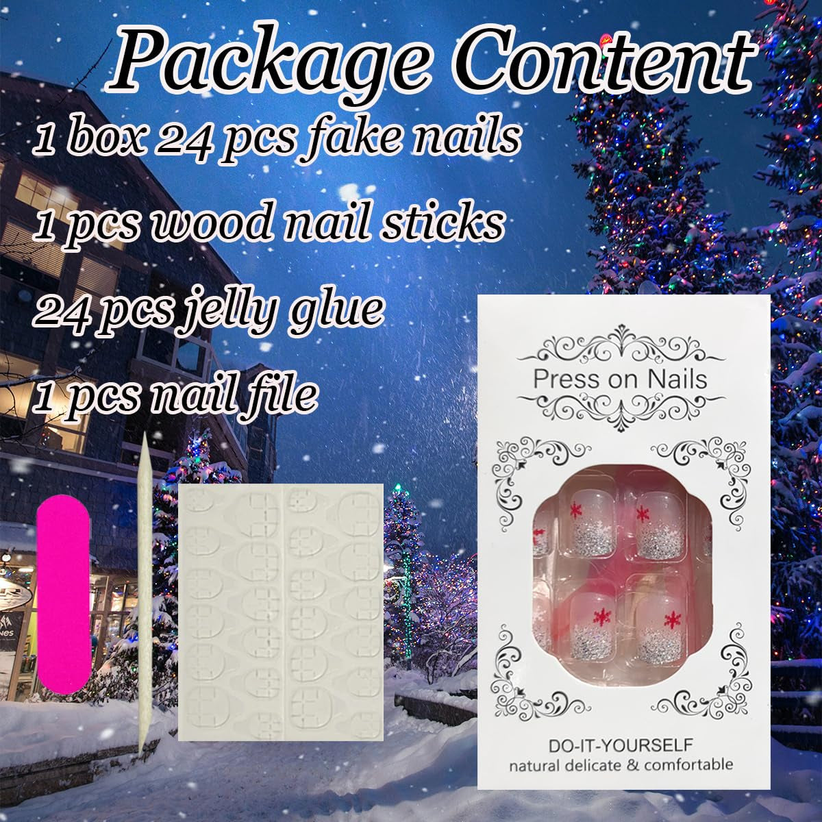 24Pcs Christmas Press on Nails Short Square Fake Nails Red White Snowflake Rhinestones Design Xmas Glue on Nails Glitter French Tip False Nails Winter Acrylic Nails Pink Christmas Artificial Nails Kit