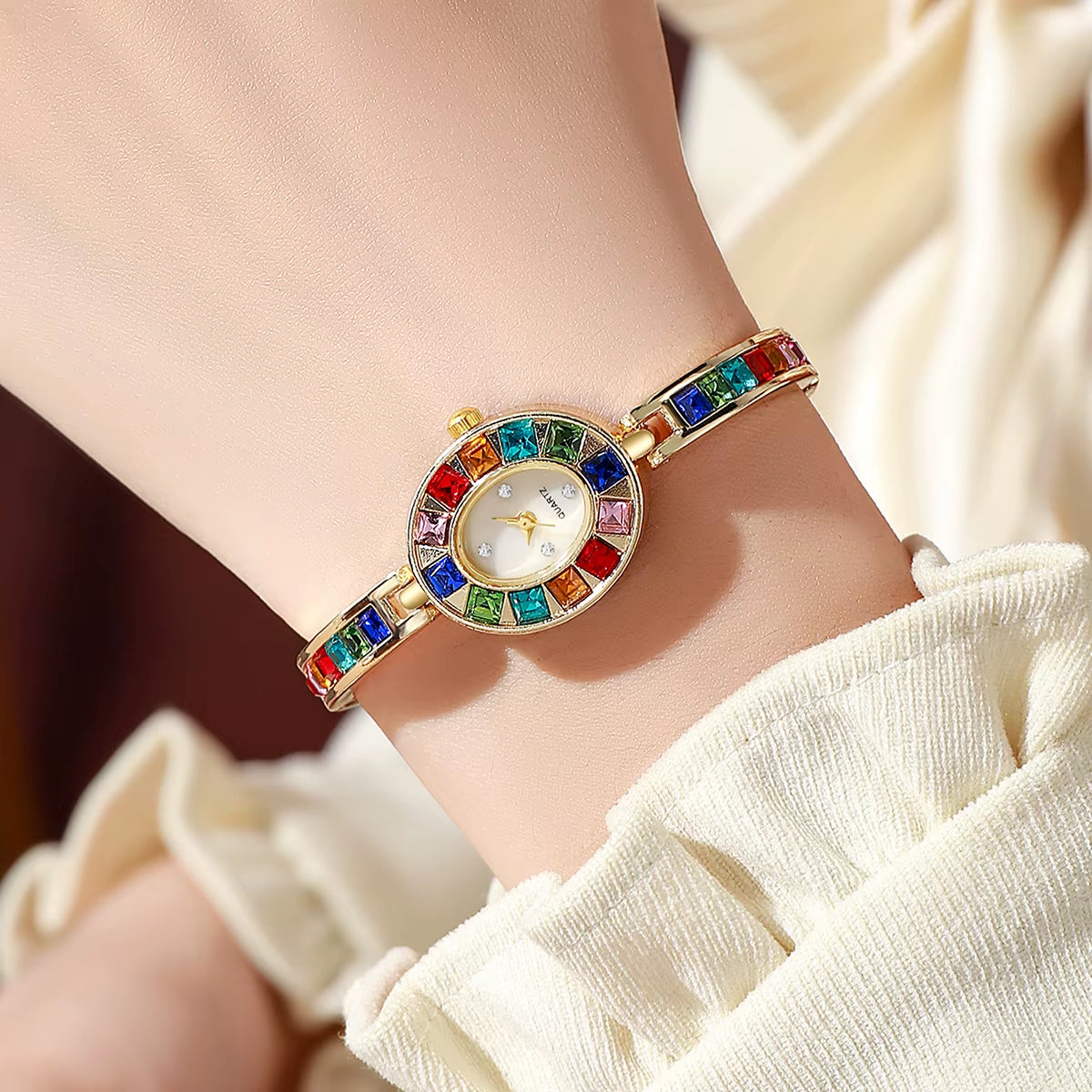 1PC Women'S Retro Style Quartz Watch Elegant Ladies' Style Colorful Diamond Set Dial Compact Watch Women'S Watch Holiday Gift