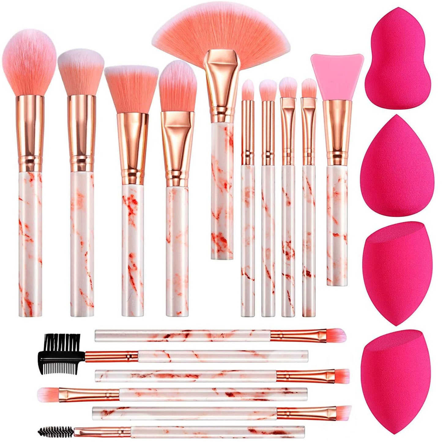 Professional Makeup Brushes Set 16PCS Marble Handle with 4Pcs Sponge Blenders Foundation Brushes Eyeshadow Brush Lip Brush Silicone Face Mask Brush Make up Tool